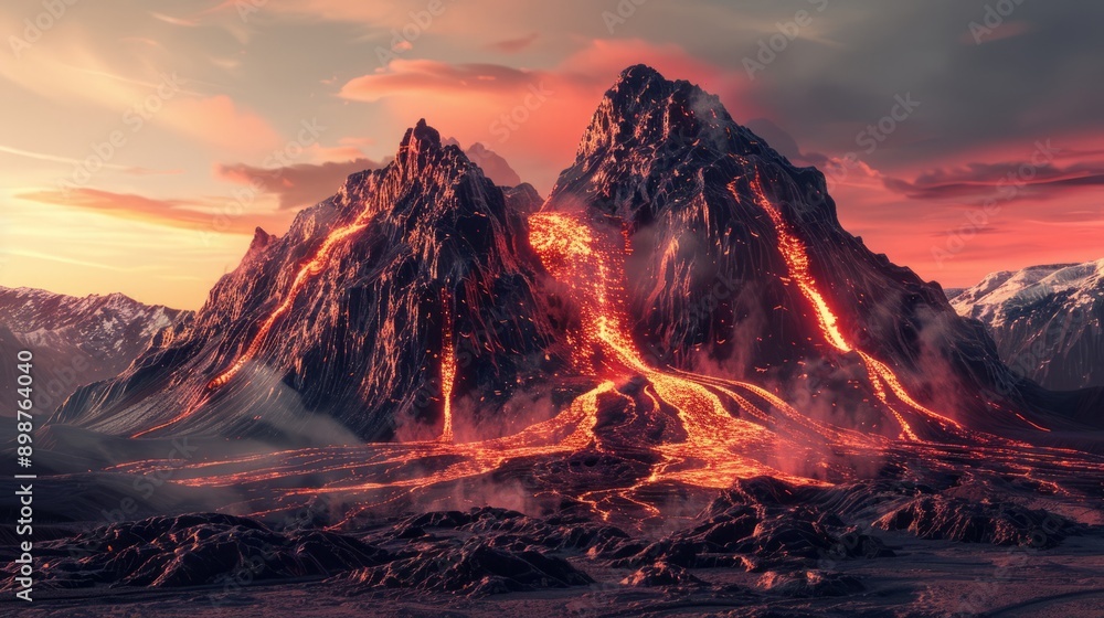 Naklejka premium volcanic mountains, hyper realistic, clip art, digital artwork
