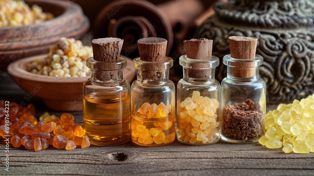 myrrh oil and plant on wooden background, natural skin care ingridients myrrh oil and plant on wooden background, natural skin care ingridients
