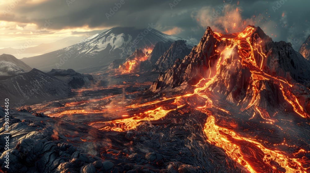 Fototapeta premium volcanic mountains, hyper realistic, clip art, digital artwork