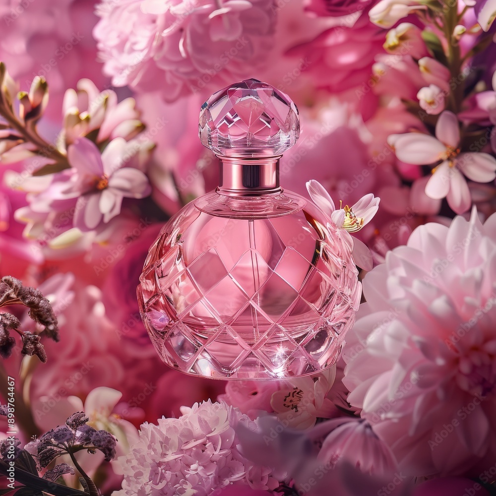 Ultra-sharp photo depicting a luxury glass or crystal perfume bottle surrounded by a pink-themed Ultra-sharp photo depicting a luxury glass or crystal perfume bottle surrounded by a pink-themed