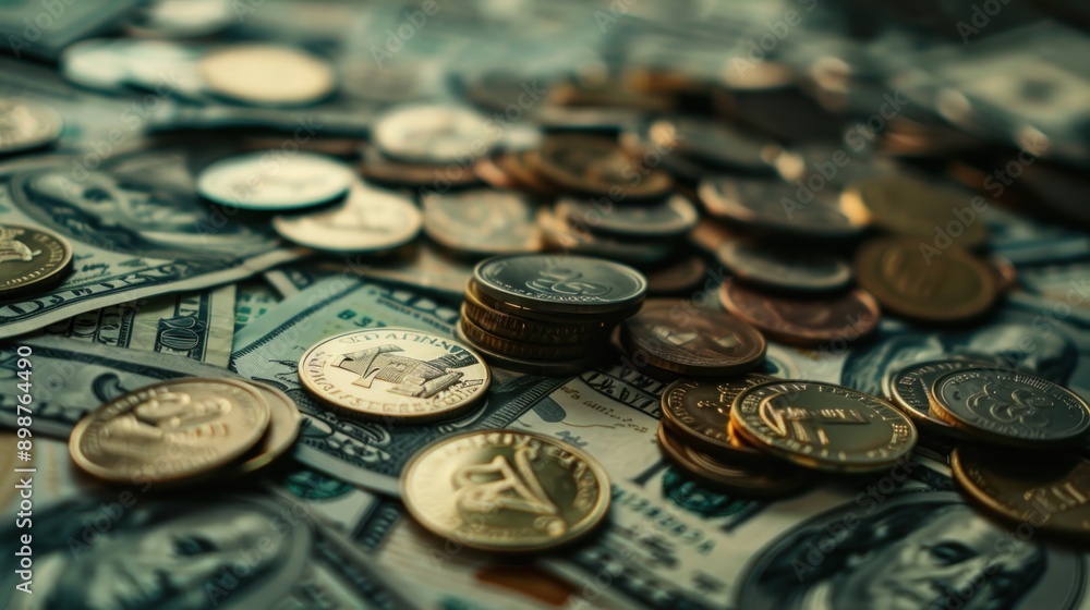 Close-up of Coins and Dollar Bills Close-up of Coins and Dollar Bills