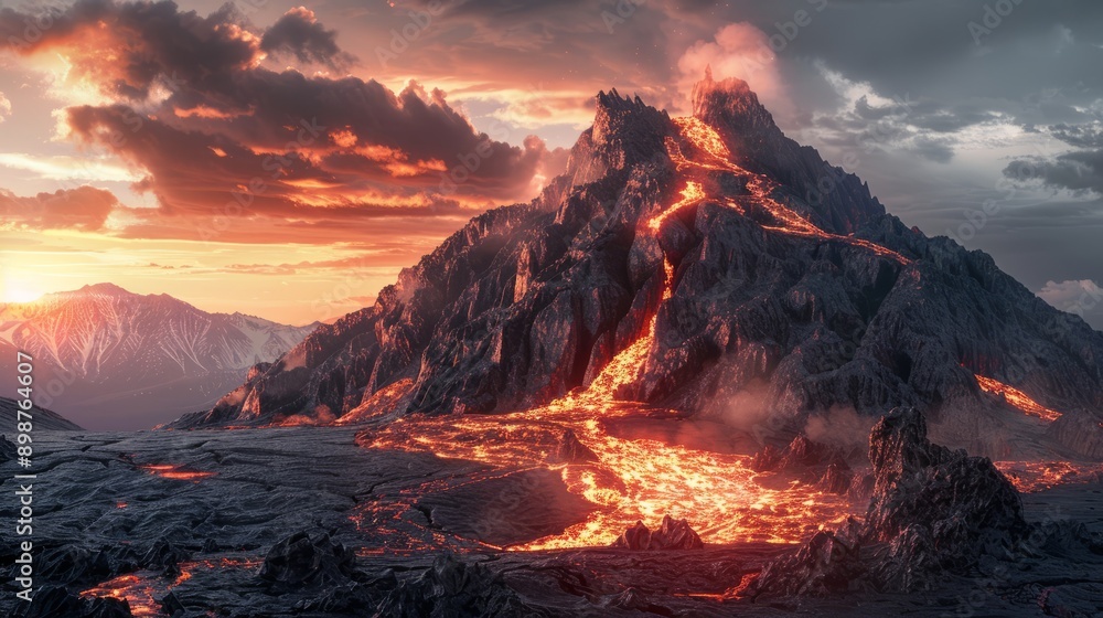 Fototapeta premium volcanic mountains, hyper realistic, clip art, digital artwork