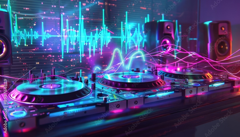 Neon lights illuminate a DJ booth with turntables and speakers. Neon lights illuminate a DJ booth with turntables and speakers.