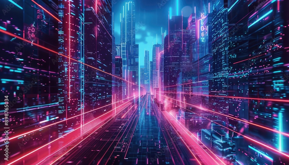 Neon cityscape with glowing lines, futuristic city, digital art. Neon cityscape with glowing lines, futuristic city, digital art.