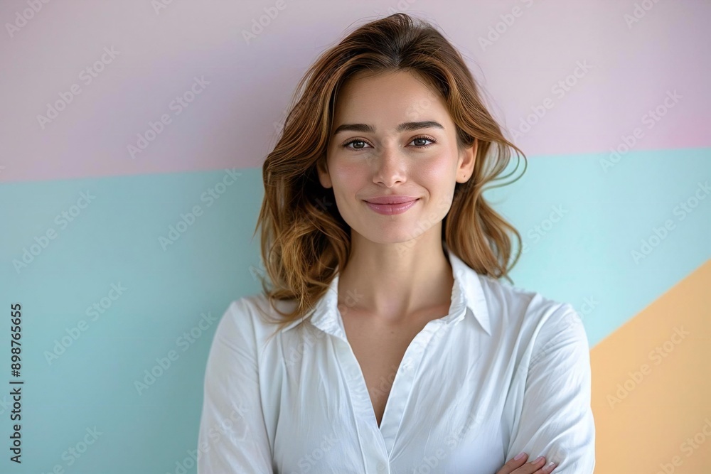 A modern and professional woman on a soft pastel gradient background, with plenty of space for text. A modern and professional woman on a soft pastel gradient background, with plenty of space for text.