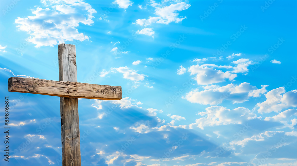 wooden cross is placed against the blue sky with white clouds with sunlight shining wooden cross is placed against the blue sky with white clouds with sunlight shining