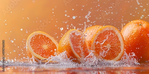 Close-up view of fresh orange slices with water droplets on an orange background. Orange banner. Orange background. Close-up food photography
