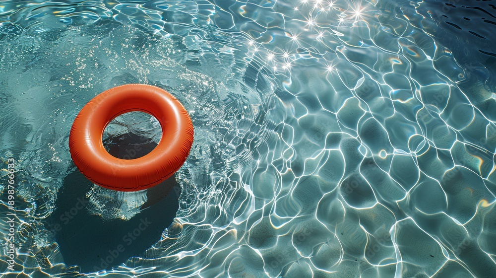 An orange life ring floating on the surface of an indoor swimming pool, with sunlight reflecting off the water's ripples and creating intricate patterns in its reflection An orange life ring floating on the surface of an indoor swimming pool, with sunlight reflecting off the water's ripples and creating intricate patterns in its reflection