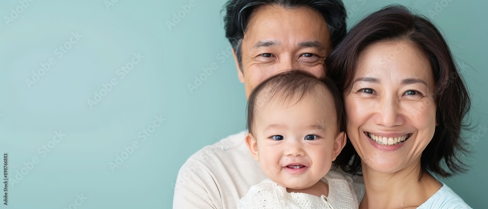 Woman holds baby, smiles Man stands nearby, also smiles Blue background Woman holds baby, smiles Man stands nearby, also smiles Blue background