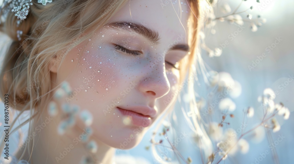 Portrait of a Young Woman with Closed Eyes and Flowers Portrait of a Young Woman with Closed Eyes and Flowers