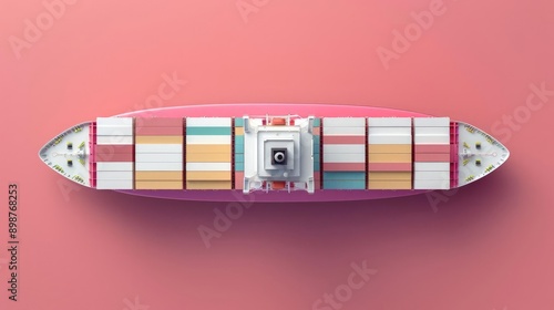 Top view cargo ship navigation in pastel 3D render, Import-export logistics, flat design for modern shipping concepts