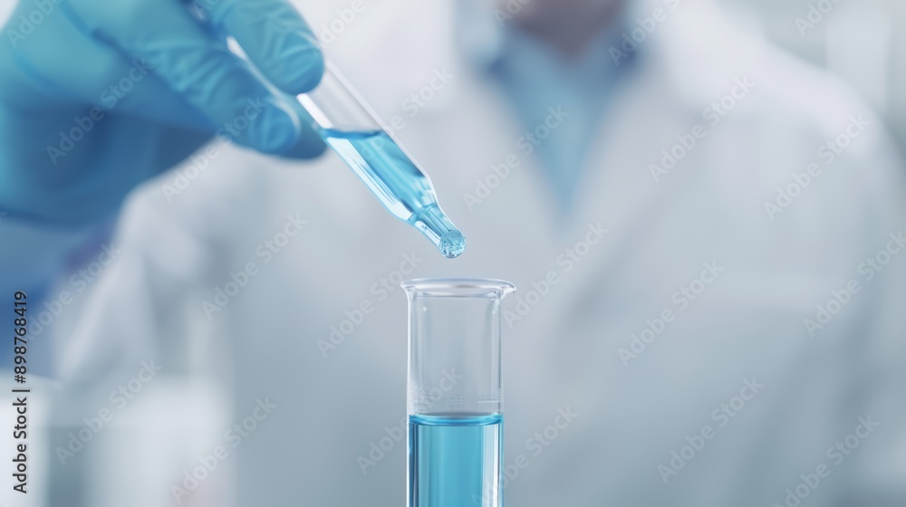 Researcher using pipette with blue liquid, clinical research lab, white lab coat, watercolor style, with copy space, high-resolution photo, hyper realistic Researcher using pipette with blue liquid, clinical research lab, white lab coat, watercolor style, with copy space, high-resolution photo, hyper realistic