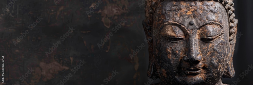 A close-up shot of a weathered Buddha statue, symbolizing tranquility, wisdom, spirituality, and enlightenment. The statue's serene expression and aged surface evoke a sense of peace and contemplation A close-up shot of a weathered Buddha statue, symbolizing tranquility, wisdom, spirituality, and enlightenment. The statue's serene expression and aged surface evoke a sense of peace and contemplation