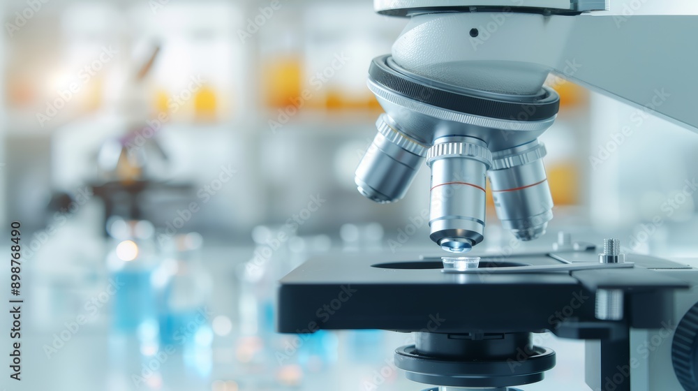 Close-up of microscope, scientist working in background, clinical lab setting, watercolor style Close-up of microscope, scientist working in background, clinical lab setting, watercolor style