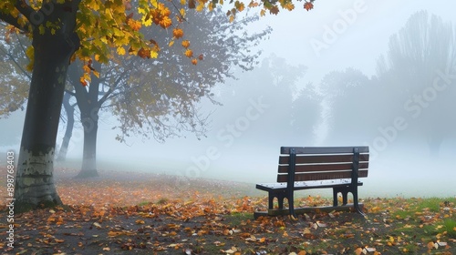 A solitary bench sits amidst a misty autumn park, symbolizing tranquility, solitude, reflection, and the beauty of nature's changing seasons. © Nima
