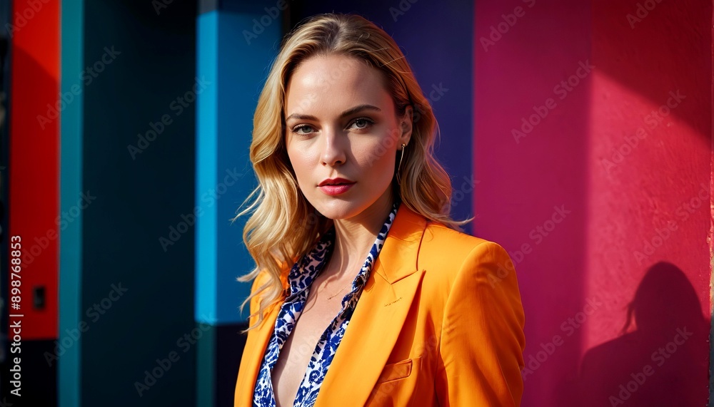 Photo of a trendy young blonde woman with an empowered, confident expression, wearing bold, fashionable clothing, colors vibrant and saturated, style contemporary fashion. 1 Photo of a trendy young blonde woman with an empowered, confident expression, wearing bold, fashionable clothing, colors vibrant and saturated, style contemporary fashion. 1