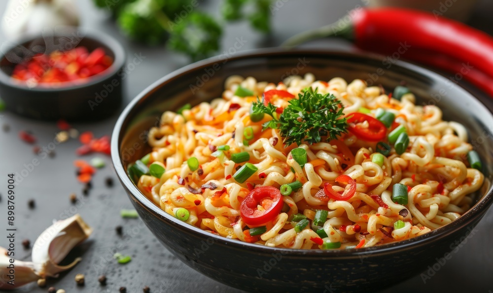 Bowl of instant noodles with pepper and onion on table, Asian food Bowl of instant noodles with pepper and onion on table, Asian food