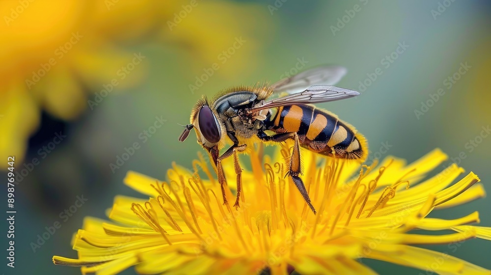 Close up of hoverfly gathering pollen from dandelion flower Close up of hoverfly gathering pollen from dandelion flower