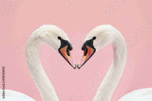 Two swans facing each other forming a heart shape on a pink background.
