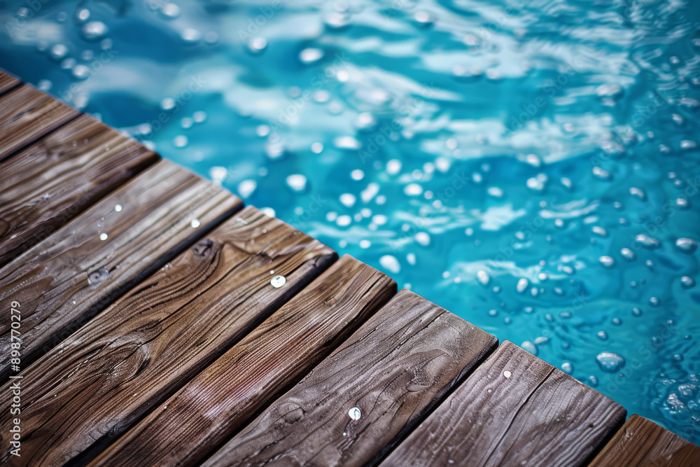 Obraz premium Wooden boards and blue water for background. Swimming pool and wooden pier. Beautiful summer background for design.