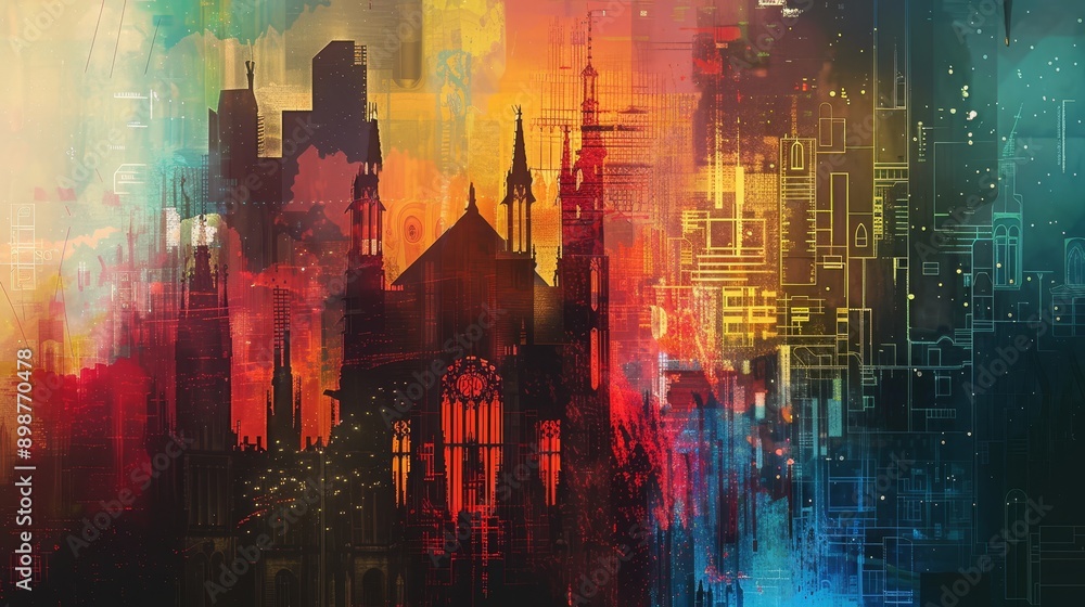 Obraz premium An abstract city skyline with a blend of watercolor and digital elements, symbolizing the fusion of tradition and modernity, art and technology, the past and the future, creativity and innovation, and