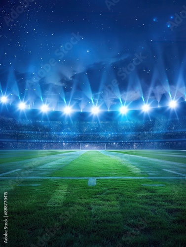 A green soccer field lit by bright stadium lights under a dark night sky with stars. Generative AI