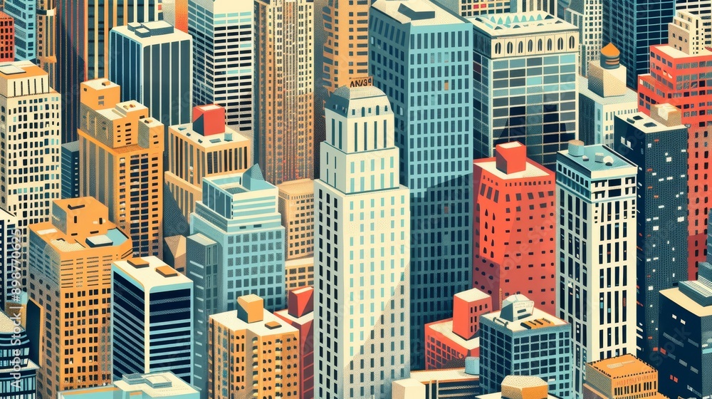 Obraz premium This image captures the vibrant energy of a modern city. The tall skyscrapers, painted in a range of bright colors, create a dynamic and bustling atmosphere. The abstract style of the image adds a to