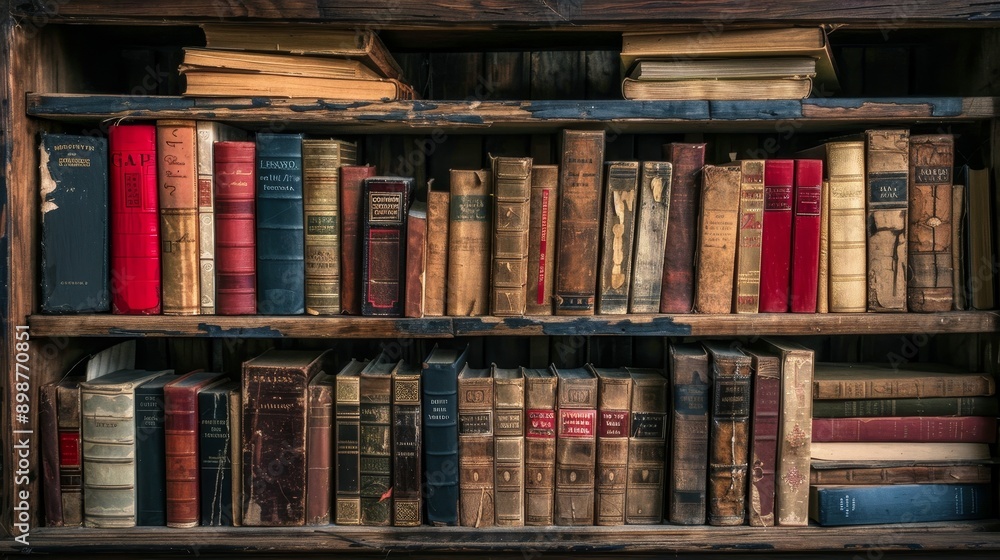 Fototapeta premium A wooden bookshelf filled with antique books, symbolizing knowledge, history, literature, and time.