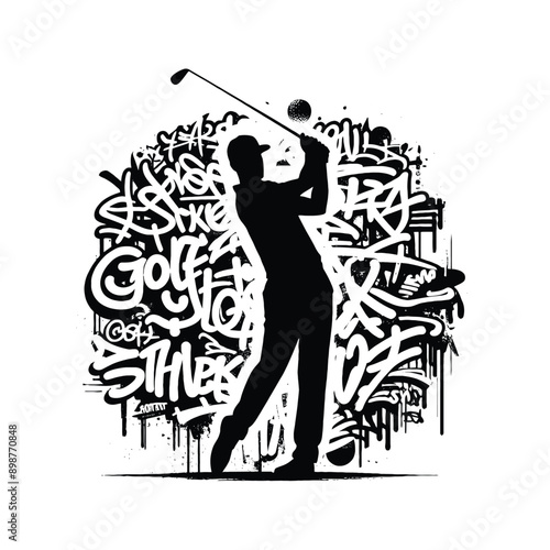 Golf  male player in graffiti tags, street art pattern illustration, emblem shield badge