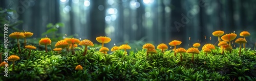 Orange mushrooms growing in a forest with green moss and sunlight.