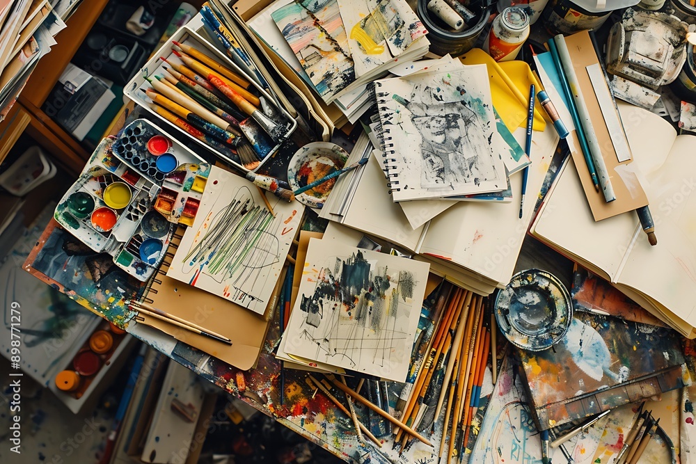 A top-down view of a cluttered artist's studio table with sketchbooks, pencils, and paint tubes in disarray A top-down view of a cluttered artist's studio table with sketchbooks, pencils, and paint tubes in disarray