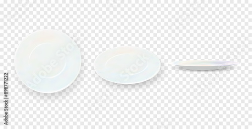 Plate. Set isolated white porcelain plates vector mockup in a realistic style on transparent background dining set of round dishes in different angles. Vector