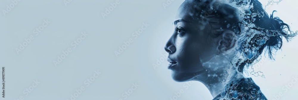 A woman's face emerges from a swirling vortex of water, symbolizing rebirth, cleansing, purification, strength, and resilience. A woman's face emerges from a swirling vortex of water, symbolizing rebirth, cleansing, purification, strength, and resilience.