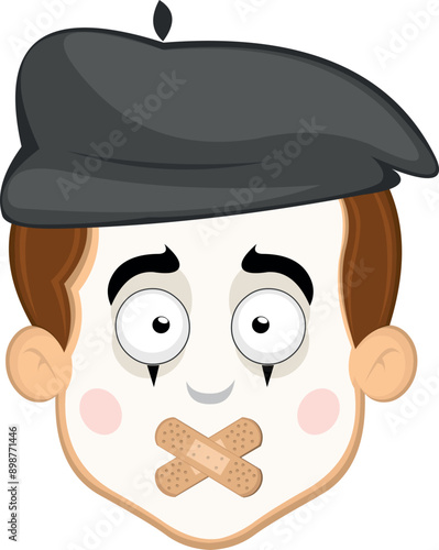 vector illustration face character of street artist mime cartoon, with adhesive strips on the mouth in concept of keeping silent or shutting up