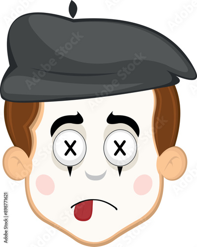 vector illustration face character of street artist mime cartoon, with crosses eyes in concept of dead character
