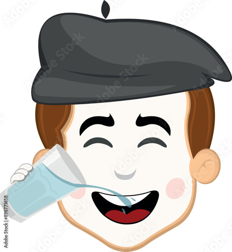 vector illustration face character of street artist mime cartoon, drinking a glass of water beverage