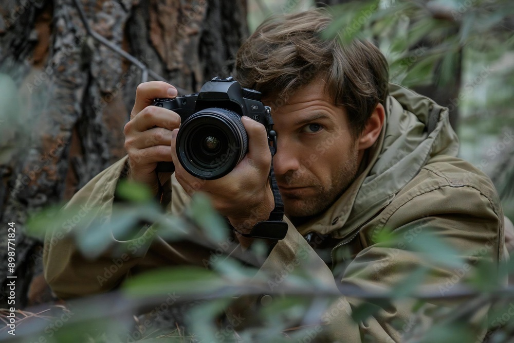 Close-up photo of a Caucasian male photographer capturing the beauty of the forest with a DSLR camera in hand at Emerald Lake. Close-up photo of a Caucasian male photographer capturing the beauty of the forest with a DSLR camera in hand at Emerald Lake.