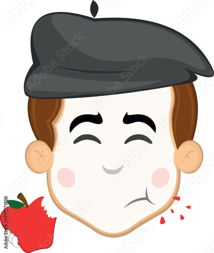 vector illustration face character of street artist mime cartoon, eating red apple fruit