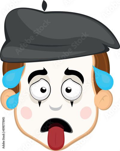 vector illustration face character of street artist mime cartoon, exhausted with his tongue out and drops of sweat on his head