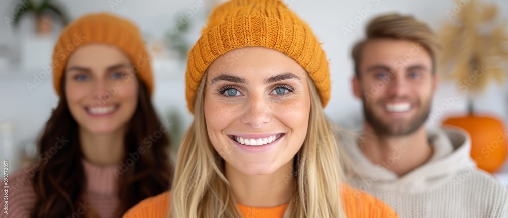 Three individuals, each donning knitted hats, smile at the camera against a plain white backdrop Three individuals, each donning knitted hats, smile at the camera against a plain white backdrop