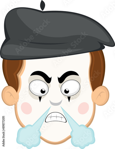 vector illustration face character of street artist mime cartoon, with an expression of anger or furious and fuming nose