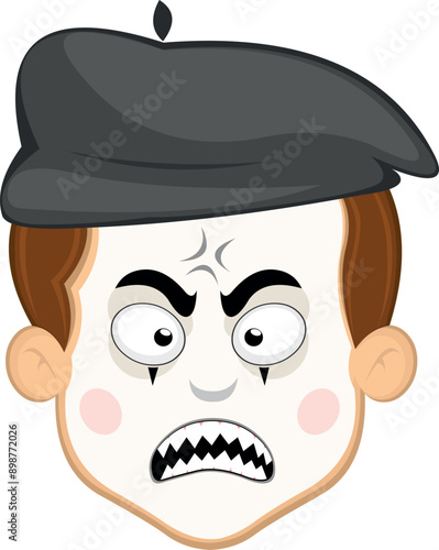 vector illustration face character of street artist mime cartoon, fury expression with a vein in his head and sharp teeth