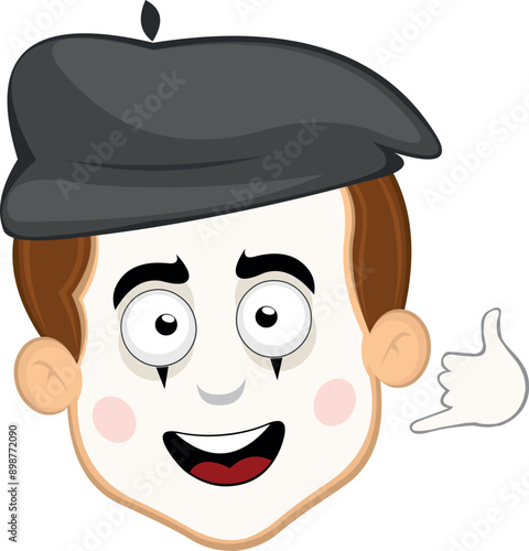 vector illustration face character of street artist mime cartoon, making a call me by phone or shake gesture with his hand