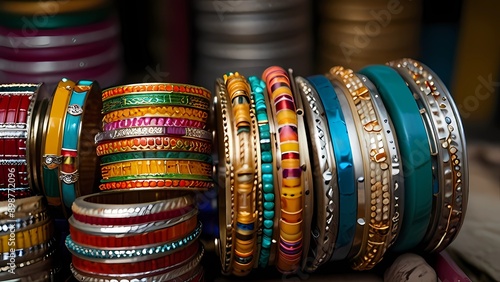 Banconote colorate in vendita in negozio. Ladys bangles in vendita in una gioielleria nel distretto charminar di hyderabad in india.
