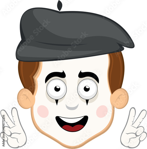 vector illustration face character of street artist mime cartoon, with hands making the classic gesture of love and peace or v victory