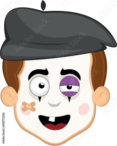 vector illustration face character of street artist mime cartoon injured with a black eye, a single tooth