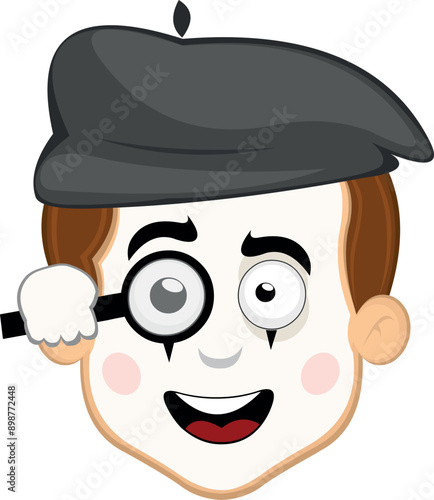 vector illustration face character of street artist mime cartoon, watching with a magnifying glass