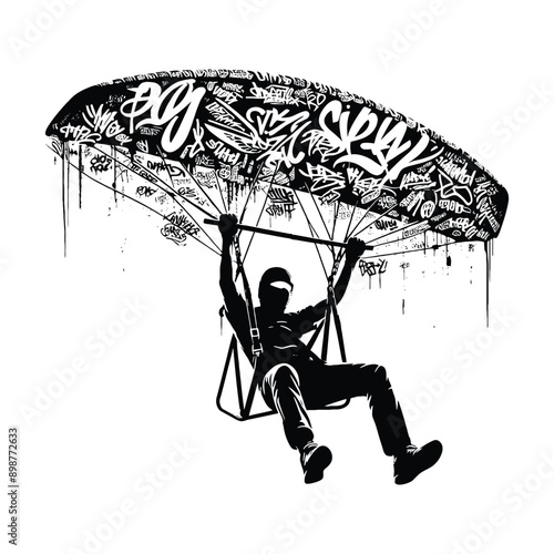Hang Gliding  male player in graffiti tags, street art pattern illustration, emblem shield badge