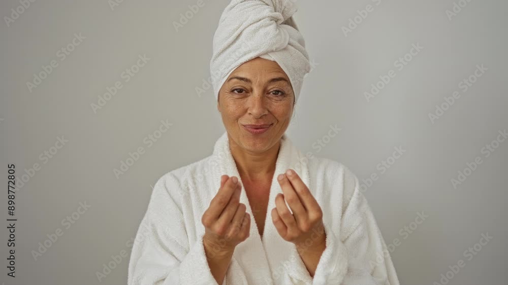 Middle age woman in towel and bathrobe, wearing a sneaky smile and making money gesture with hand, asking for salary payment in business setting, over isolated white background Middle age woman in towel and bathrobe, wearing a sneaky smile and making money gesture with hand, asking for salary payment in business setting, over isolated white background
