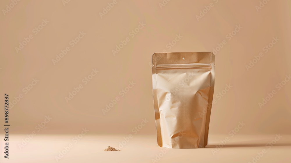 Eco-friendly kraft paper pouch on a beige surface with some powder next to it Eco-friendly kraft paper pouch on a beige surface with some powder next to it